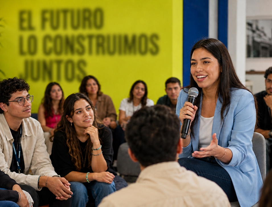 Mujer hablando con un micrófono durante un encuentro con jóvenes, frente al mensaje “El futuro lo construimos juntos”